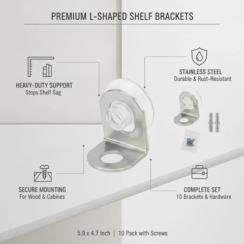 Beefy Stainless Steel L Bracket Shelf Supports Lock Your Floating Shelves And Cabinet Corners Dead Secure With Zero Sweat Easy Weekend Warrior Installation Hardware 10 Pack shown mounted on shelves.
