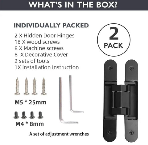 Hidden Door Hinges 2-Pack 7 Inch Black Heavy Duty Concealed Zinc Alloy Invisible Hinges with screws and tools
