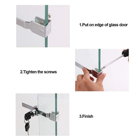 Steps to install 8 Pack Display Case With Sliding Glass Door And Ratchet Lock, Keyed Alike; securing and locking mechanism shown.