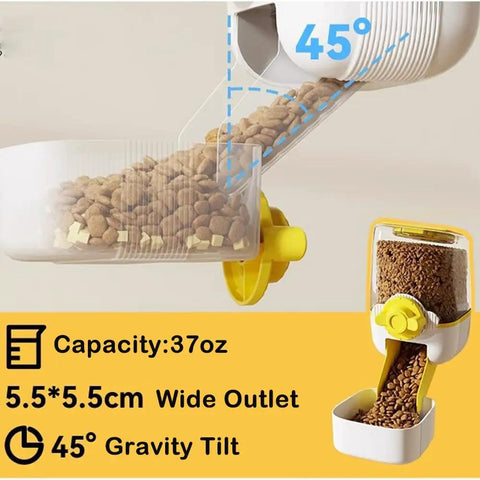 No Stress Hanging Pet Food And Water Bowl Combo For Cats Dogs And Small Rabbits Gravity Powered Cage Mounted Dispenser Holds 37 Oz with angled view showing food outlet.