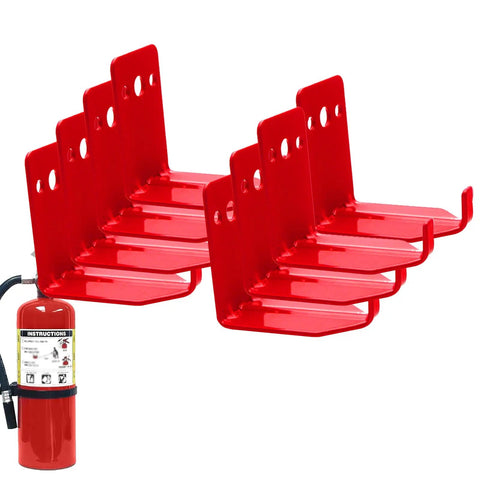 Eight Pack Fire Extinguisher Mount Bracket For Up To 40 Lbs Universal Wall Hanger For Dry Chemical And Water Extinguishers Heavy Duty Iron Rack With Easy Install No Fuss Side Mount, shown in red iron material