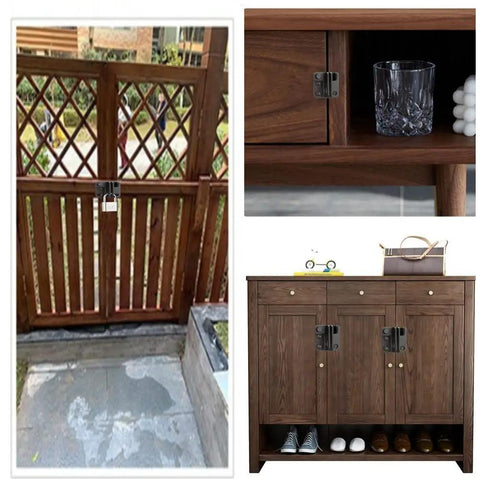 Collage of 2 Pack Heavy Duty Stainless Steel Flip Latches on wooden pet gate, cabinet, and furniture for reliability and privacy security