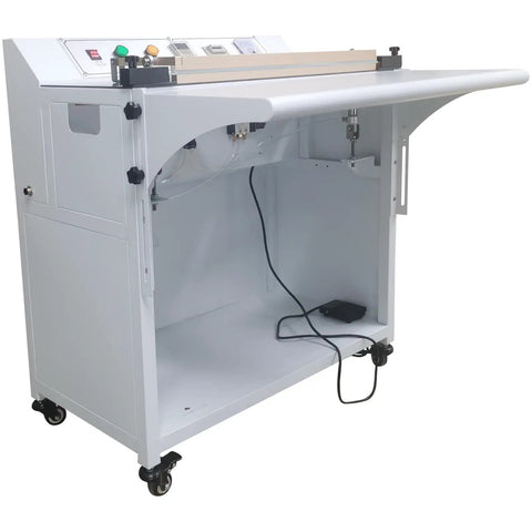 Yokoma Pneumatic Foot Sealer Shrink Bag Corner Cutter With Precision 45 Degree Angle Trim For Professional Packaging and adjustable foot pedal control.