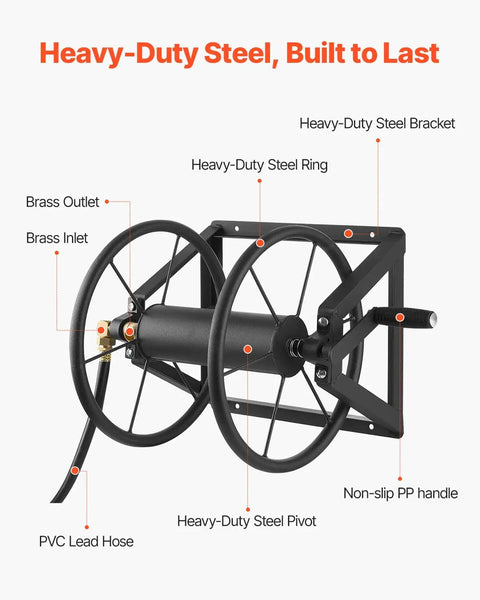 Wall Mounted Garden Hose Reel Holds 200 Feet Of 5/8 Inch Hose Heavy Duty Steel Outdoor Water Reel With Brass Fittings and Leader Hose