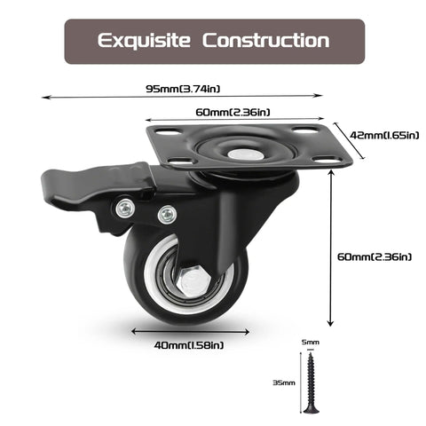 Side view of 1.5 Inch Swivel Caster Wheel Set Of 4 With Brakes For Furniture, Workbench And Cart, featuring dimensions.