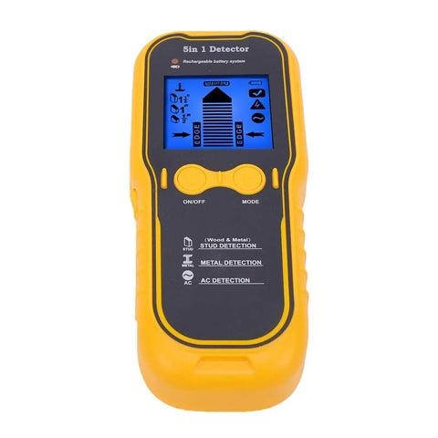Rcniso wall detector with metal wood stud finder, 5 in 1 scanner for pipes showing front view with LCD display and controls.