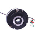 Front view of black electromagnetic power-off brake motor with splined inner bore, exposed shaft, and wiring.