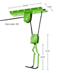 Two Pack Overhead Bike Hangers With Pulley System For Ceiling Garage Storage 100lb Capacity Each showing side view dimensions
