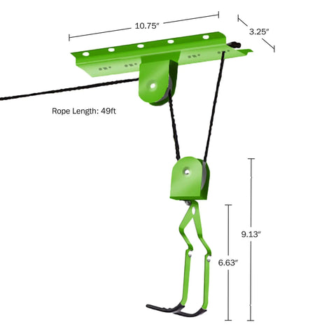 Two Pack Overhead Bike Hangers With Pulley System For Ceiling Garage Storage 100lb Capacity Each showing side view dimensions