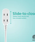 Close-up of one extension cord showing slide-to-close safety feature for two outlets, part of the Two Pack Extension Cords With Three Outlets Each, Six Foot Length, Flat Wall Plug, Indoor Power Strip With Safety Slide, Right Angle Two Prong Plug, White, ETL Listed, Great For Lamps, Chargers And Small Appliances.