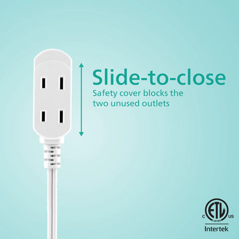Close-up of one extension cord showing slide-to-close safety feature for two outlets, part of the Two Pack Extension Cords With Three Outlets Each, Six Foot Length, Flat Wall Plug, Indoor Power Strip With Safety Slide, Right Angle Two Prong Plug, White, ETL Listed, Great For Lamps, Chargers And Small Appliances.