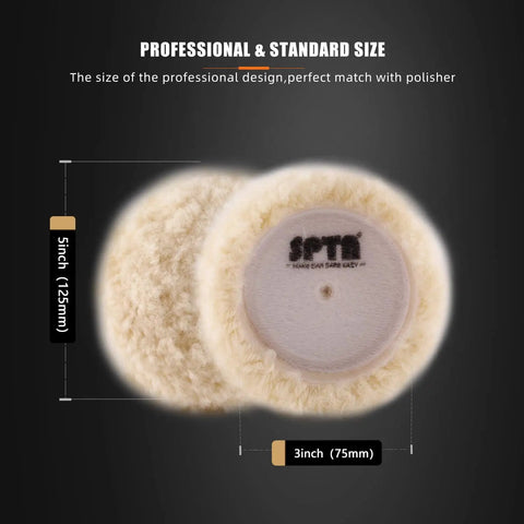 Five Piece Natural Wool Buffing Pad Set For Car Polishing 3 Inch 75mm with size comparison diagram