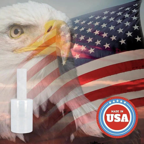Clear Stretch Wrap Film Rolls With Built In Handles 5 Inch X 1000 Feet 45 Gauge Self Sealing Packing Film shown with American flag background.