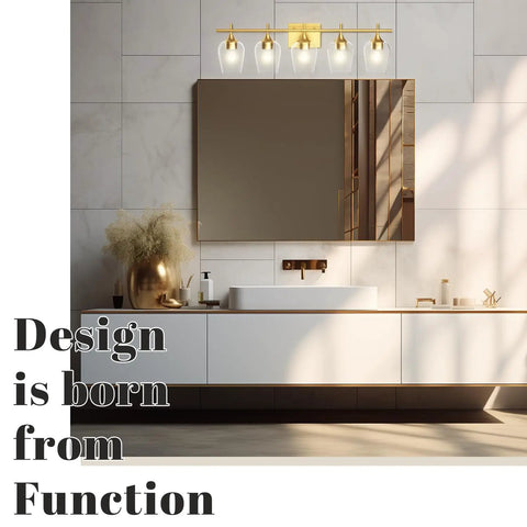 5 Light Gold Vanity Light Fixtures Over Mirror With Bell Glass Shades in modern bathroom setting