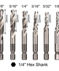 Set of Six Piece 1/4 Inch Hex Shank Drill And Tap Bit Set With HSS 4341 Performance Deburr Countersink, sizes 1/8 to 3/8 inch