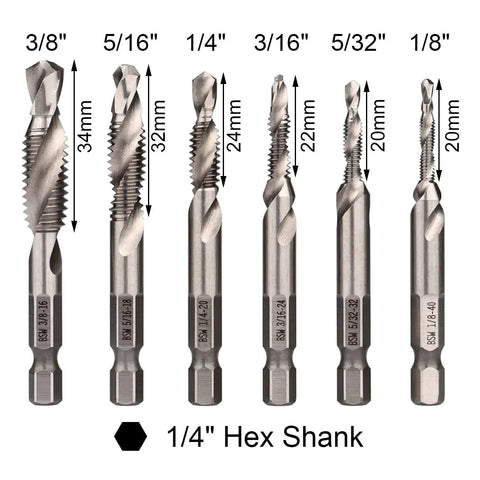 Set of Six Piece 1/4 Inch Hex Shank Drill And Tap Bit Set With HSS 4341 Performance Deburr Countersink, sizes 1/8 to 3/8 inch