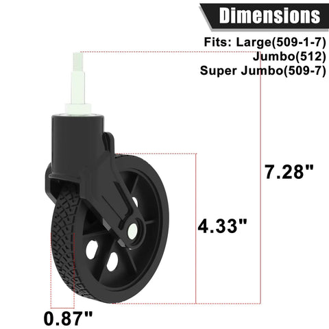 Heavy Duty Black Shopping Cart Front Wheels Set showing dimensions for smooth rolling and quick replacement, large fit