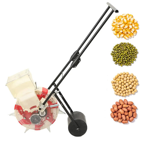 Manual Hand Push Seed Seeder With 7 Nozzles Adjustable Depth And Spacing Precision Planter For Corn Soybean Peanut Cotton Mung Bean Large Capacity Roller Seeder For Garden Farm showing side view with seed options