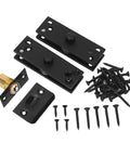 Hidden door hinge set with two long black hinge plates, brass strike piece, mounting plates, and screws.