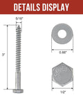 Heavy Duty 5/16 Inch By 3 Inch Lag Bolts For Wood With 50 Pieces And 50 Washers Hot Dip Galvanized Carbon Steel Hex Head Screws For Outdoor Projects Deep Threads For Strong Secure Wood Fastening displayed with dimensions