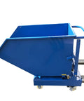 Heavy Duty Steel Self Dumping Hopper And Forklift Bin With Dual Brake Casters And Drain Valve, 2200 Lb Job Site Beast For Warehouse Hauling, Built Like A Tank To Slash Your Daily Grind side view with blue finish