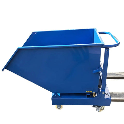 Heavy Duty Steel Self Dumping Hopper And Forklift Bin With Dual Brake Casters And Drain Valve, 2200 Lb Job Site Beast For Warehouse Hauling, Built Like A Tank To Slash Your Daily Grind side view with blue finish