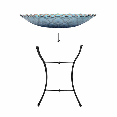 Handpainted Mosaic Flower Fusion Glass Pedestal Bird Bath For Outdoor Patio Garden Backyard Deck Decor, 21 Inch Height In Blue And Purple, Multi Functional Waterer Or Bird Feeder With Foldable Stand