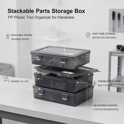 Stackable Storage Bin With Lid For Small Hardware Like Screws Nuts Bolts And Fasteners Compact Plastic Organizer for garage workbench