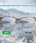 Ageantscom anti-fog wipes for glasses, front view of metal eyeglasses held against snowy mountain backdrop