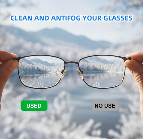Ageantscom anti-fog wipes for glasses, front view of metal eyeglasses held against snowy mountain backdrop