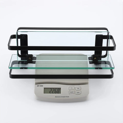 Tempered Glass Floating Bathroom Shelf With Bar on scale, showing Rectangular Wall Mounted Aluminum Rustproof Black Finish