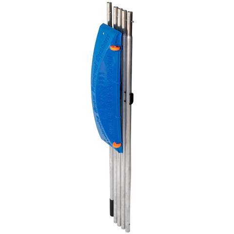 Heavy Duty Extendable Roof Snow Rake With Gliding Rubber Wheels And Lightweight Aluminum Handle, folded for storage.