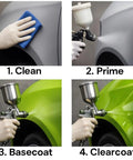 Front view: LiME LiNE 2K automotive paint kit; cleaning gray car panel with gloved hand.

Side view: LiME LiNE 2K automotive paint kit; priming car panel with spray gun, gloved hand.

Close-up view: LiME LiNE 2K automotive paint kit; basecoat spray on lime-green car panel, gloved hand.

Installed view: LiME LiNE 2K automotive paint kit; clearcoat spray on lime-green car panel, gloved hand.