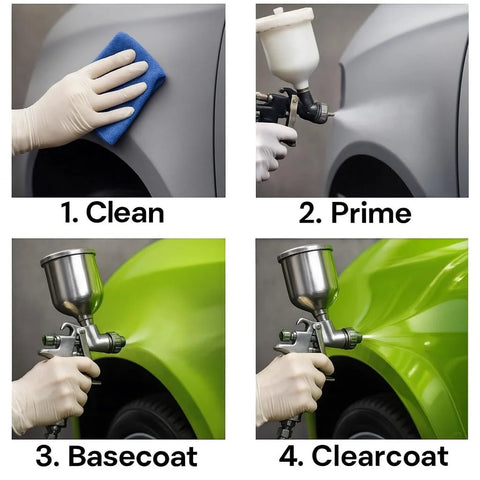 Front view: LiME LiNE 2K automotive paint kit; cleaning gray car panel with gloved hand.

Side view: LiME LiNE 2K automotive paint kit; priming car panel with spray gun, gloved hand.

Close-up view: LiME LiNE 2K automotive paint kit; basecoat spray on lime-green car panel, gloved hand.

Installed view: LiME LiNE 2K automotive paint kit; clearcoat spray on lime-green car panel, gloved hand.