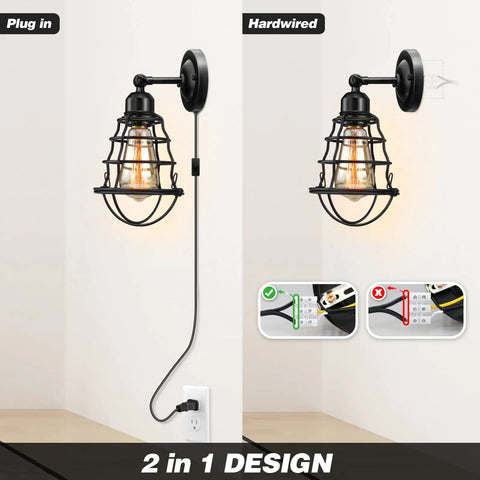 Black Wall Sconces Set Of 2 Industrial Gooseneck Lights For Farmhouse Modern Rustic Vibe, with plug-in and hardwired options.