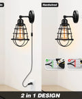 Two Pack Plug In Wall Sconces Set Industrial Wire Cage Black Farmhouse Vintage Wall Lighting With Plug In Cord Easy 180 Degree Adjustable No Hardwiring Needed Classic Retro Decor For Living Room Hallway - plug-in vs hardwired design displayed