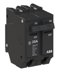 Q Line THQL2125 25 Amp Double Pole Circuit Breaker 120 240 Volt Thermal Magnetic Plug On For Load Centers 10 kAIC Interrupt Rating Durable Heat Resistant Housing Safe For Residential And Commercial Power Protection For Home And Biz. front view, black 25A breaker