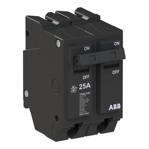 Q Line THQL2125 25 Amp Double Pole Circuit Breaker 120 240 Volt Thermal Magnetic Plug On For Load Centers 10 kAIC Interrupt Rating Durable Heat Resistant Housing Safe For Residential And Commercial Power Protection For Home And Biz. front view, black 25A breaker