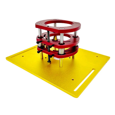 Solid As Rock Aluminum Router Table Insert Plate With Precision Spacers For Woodworking Benches Diy Garages And Milling Setup providing a durable yellow base and red precision spacers.