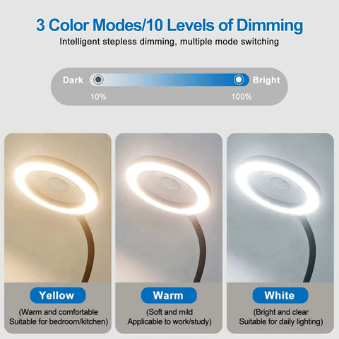 LED Magnifying Lamp With Flexible Gooseneck 5X And 10X Lenses 3 Color Modes showing yellow, warm, and white light options