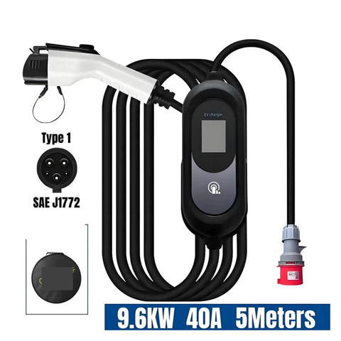 Heavy Duty Portable EV Charger With SAE J1772 Type One Connector And HD Display, 9.6kw, 40A, 5 meters long cable.