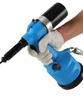 Hand holding a blue Heavy Duty Pneumatic Air Rivet Gun Pulling No Sweat One Click Auto Tension Lock for upholstery work.