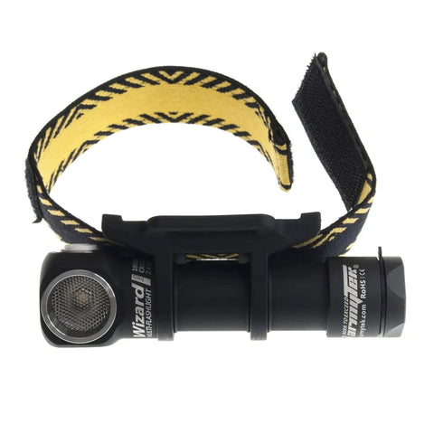 Side view of Wizard Pro V3 XHP50 Warm USB Magnetic Headlamp With 2300 Lumens Beast Brightness 108 Meter Throw, black headlamp with yellow strap.