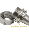 Kick Your CNC Game With This ISO30 ER32 Collet Holder Built Heavy Using 20Crmnti Steel Delivering Flawless G2.5 Balance At 30000 Rpm, close-up of collet holder and nut.