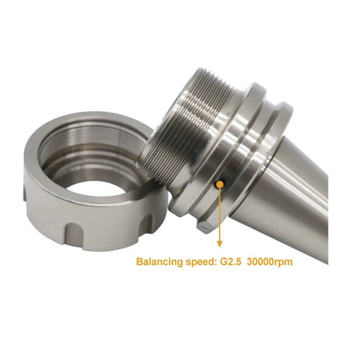 Kick Your CNC Game With This ISO30 ER32 Collet Holder Built Heavy Using 20Crmnti Steel Delivering Flawless G2.5 Balance At 30000 Rpm, close-up of collet holder and nut.