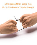 Hands pulling Heavy Duty 8 Inch Cable Ties 120 Lb Tensile Strength, demonstrating durability and strength, black PA66 nylon tie