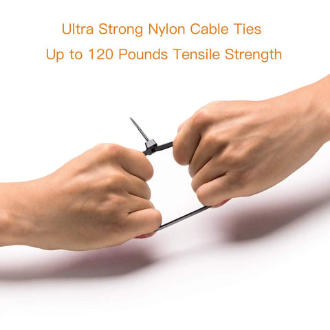 Hands pulling Heavy Duty 8 Inch Cable Ties 120 Lb Tensile Strength, demonstrating durability and strength, black PA66 nylon tie