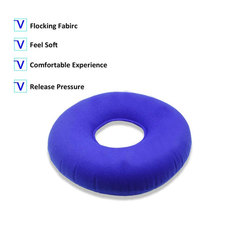 Tailbone Pain Relief Butt Round Pillow Inflatable Air Cushion With Flocked Fabric shown with benefits list