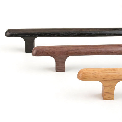 Three Oak Solid Wood Drawer Pulls, 7.56 Inch, Handmade Round Cabinet Knobs, showing oak, walnut, and black finishes, side view