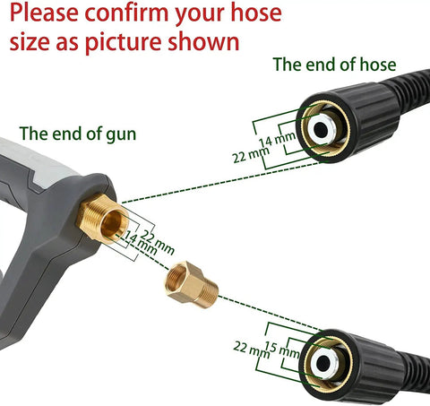 Short Pressure Washer Gun With Heavy Duty 4000 PSI Power Easy Quick Trigger Grip M22 14mm And 15mm Thread Compatibility diagram